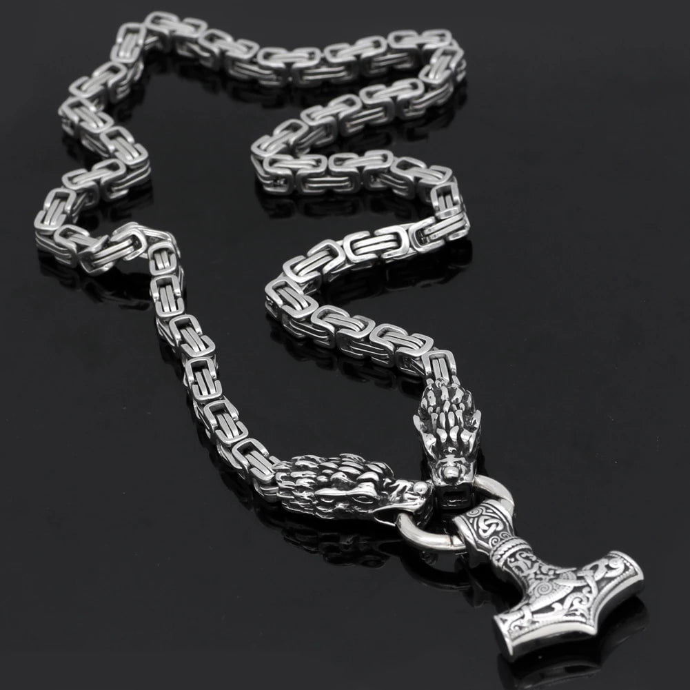 Vikings Dragon Head Mjolnir Stainless Steel Necklace | Pendant and Necklaces | Wiccan Center