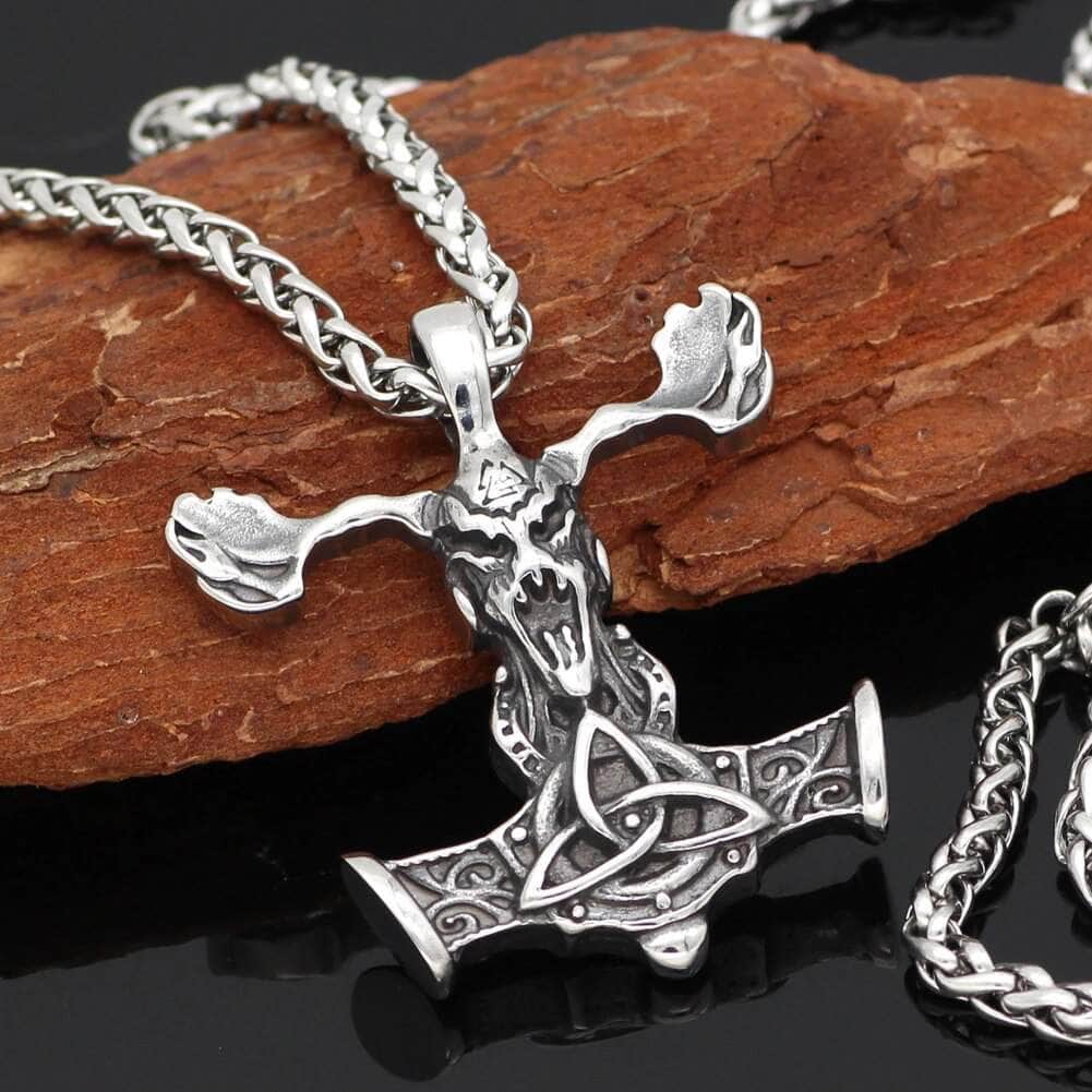 Vikings Goat Skull Mjolnir Stainless Steel Necklace | Pendant and Necklaces | Wiccan Center