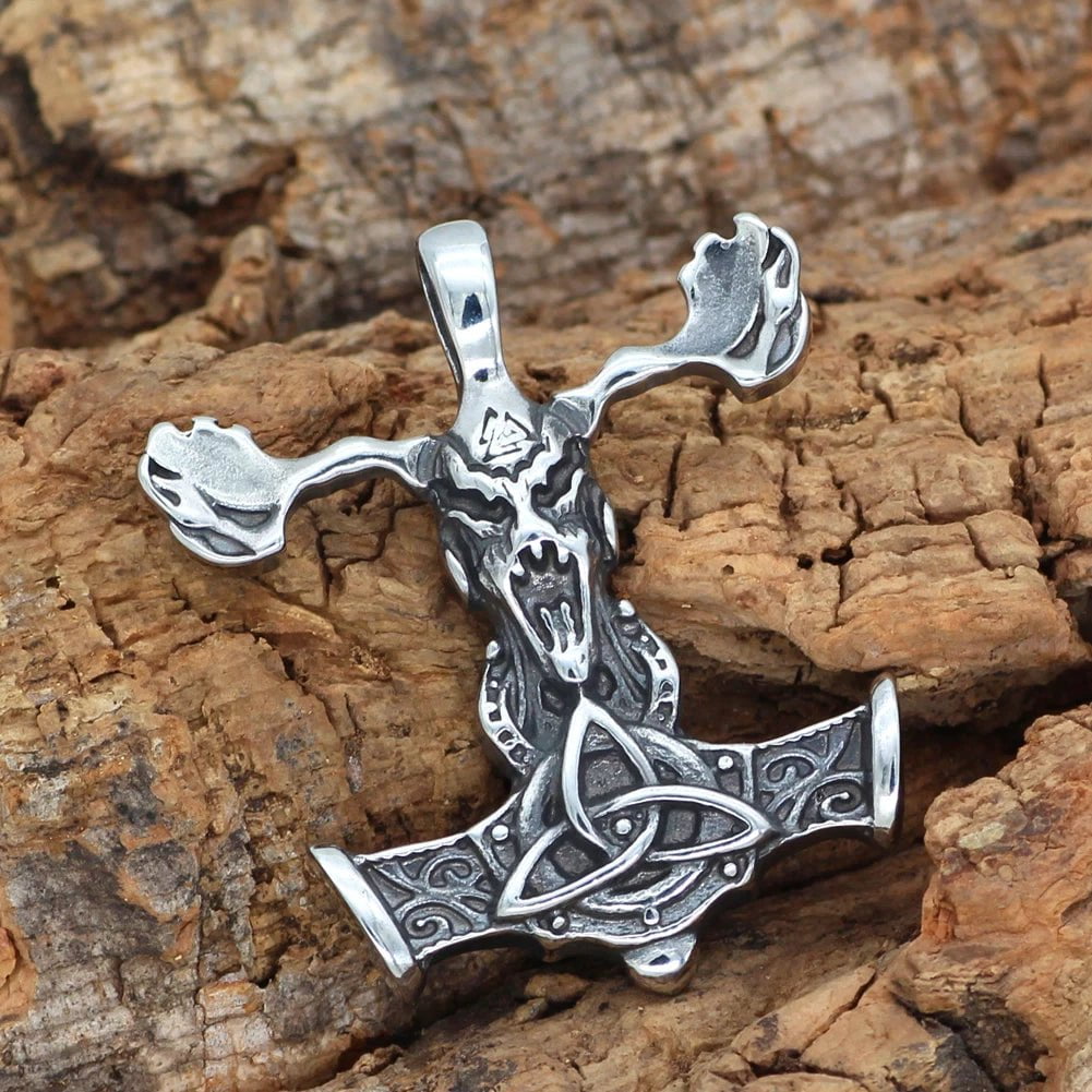 Vikings Goat Skull Mjolnir Stainless Steel Necklace | Pendant and Necklaces | Wiccan Center