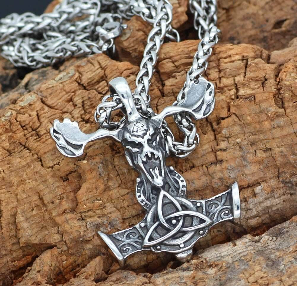 Vikings Goat Skull Mjolnir Stainless Steel Necklace | Pendant and Necklaces | Wiccan Center