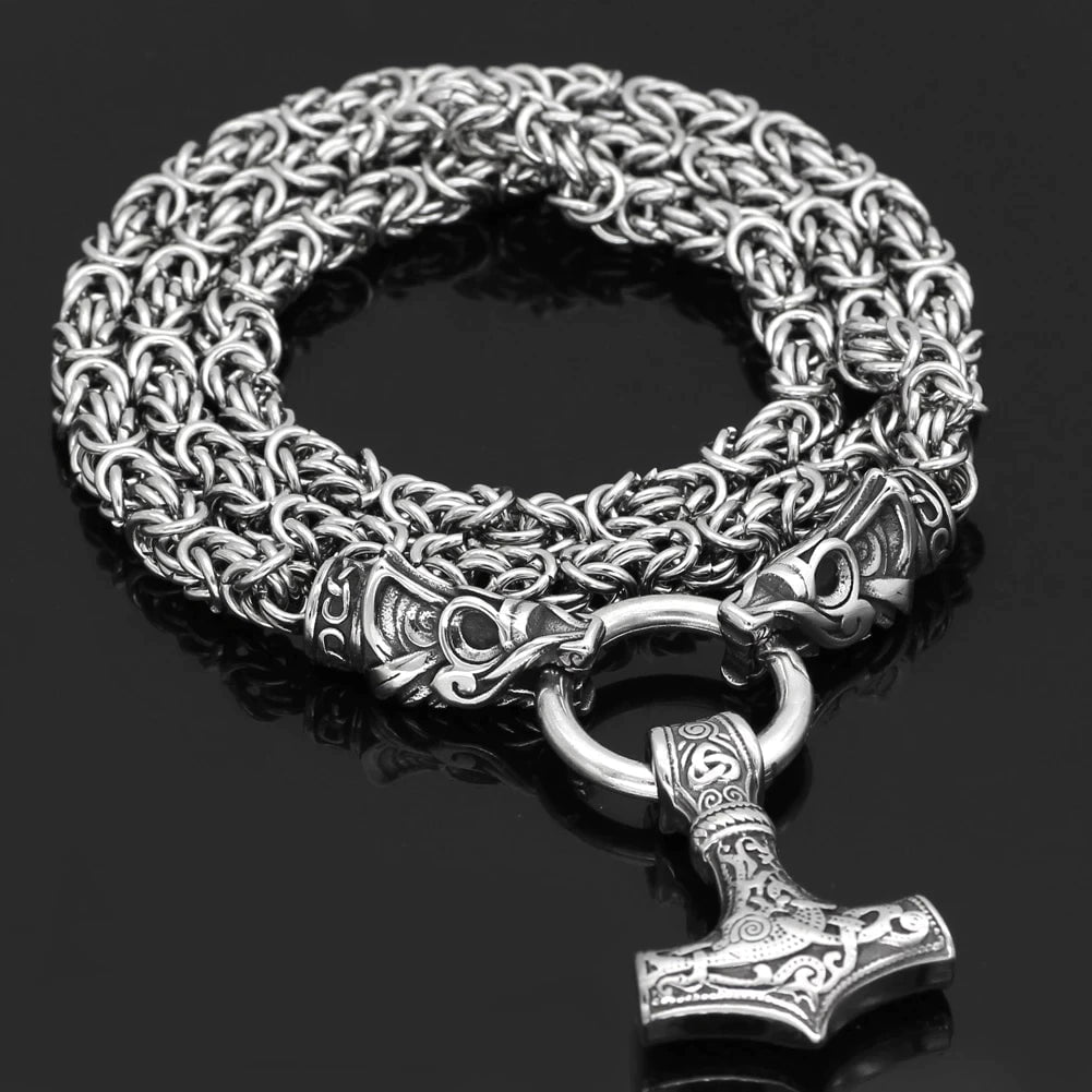 Vikings Mjolnir in Dragon Head Stainless Steel Necklace | Pendant and Necklaces | Wiccan Center
