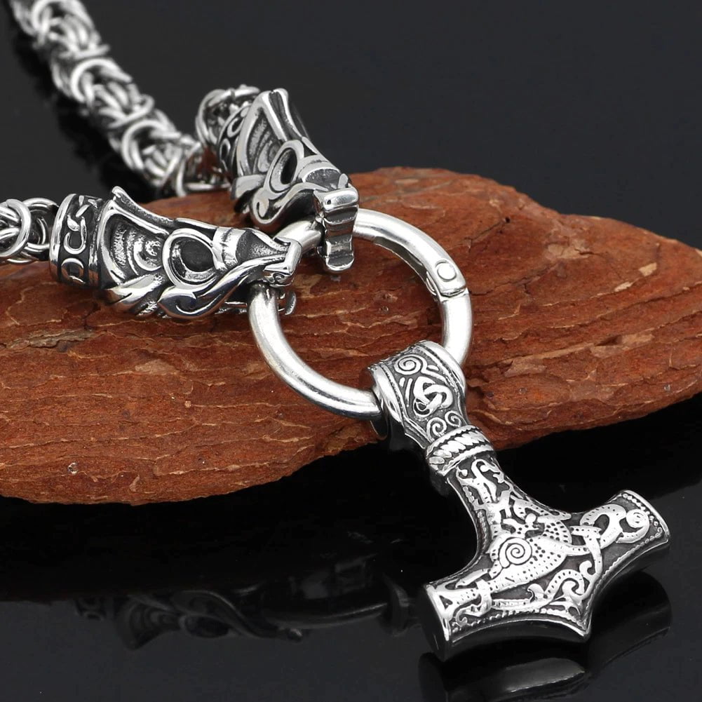 Vikings Mjolnir in Dragon Head Stainless Steel Necklace | Pendant and Necklaces | Wiccan Center