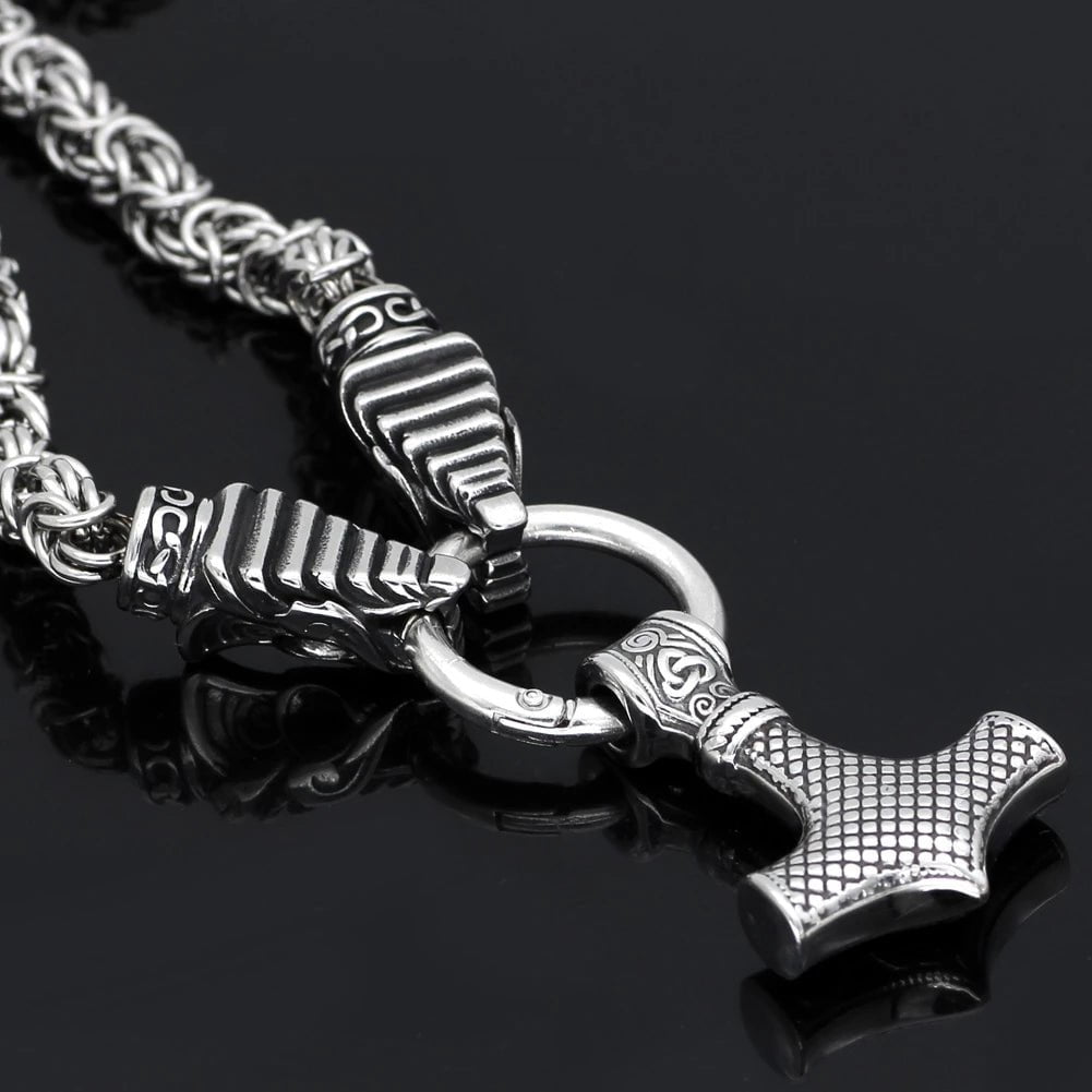 Vikings Mjolnir in Dragon Head Stainless Steel Necklace | Pendant and Necklaces | Wiccan Center