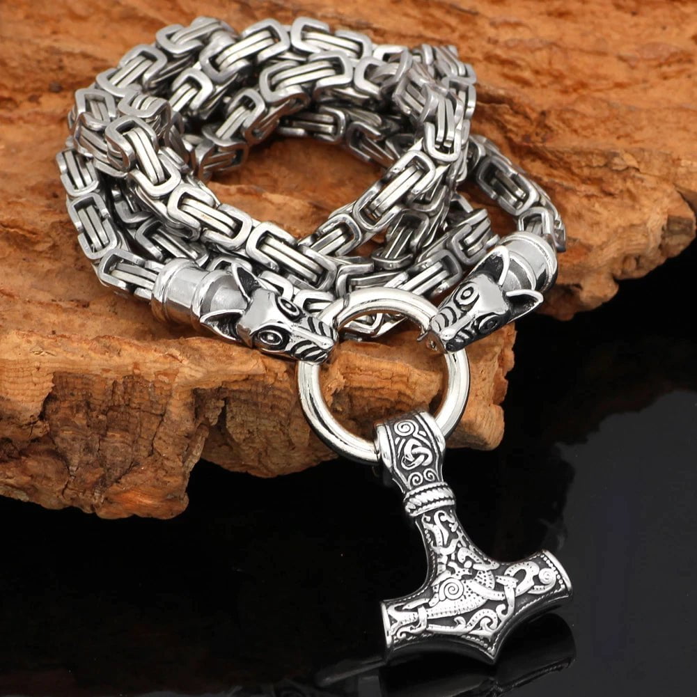 Vikings Mjolnir in Wolf Head Stainless Steel Necklace | Pendant and Necklaces | Wiccan Center