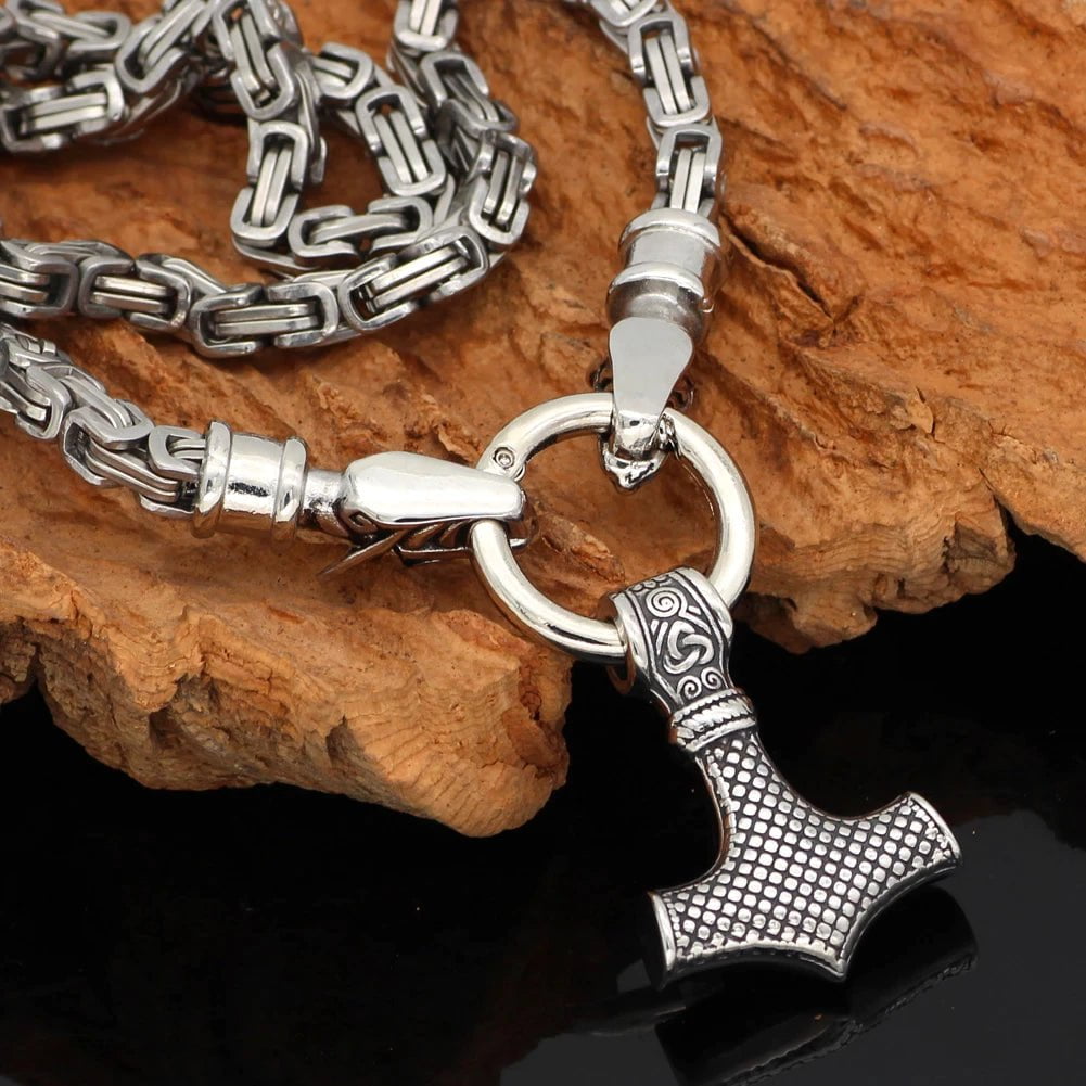Vikings Mjolnir in Wolf Head Stainless Steel Necklace | Pendant and Necklaces | Wiccan Center