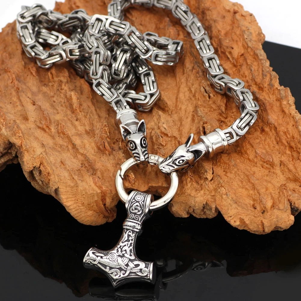 Vikings Mjolnir in Wolf Head Stainless Steel Necklace | Pendant and Necklaces | Wiccan Center