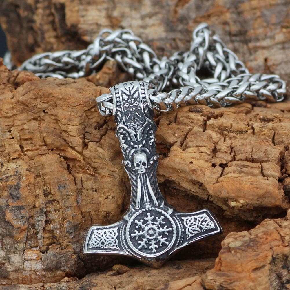 Vikings Skull Mjolnir Stainless Steel Necklace | Pendants & Necklaces | Wiccan Center