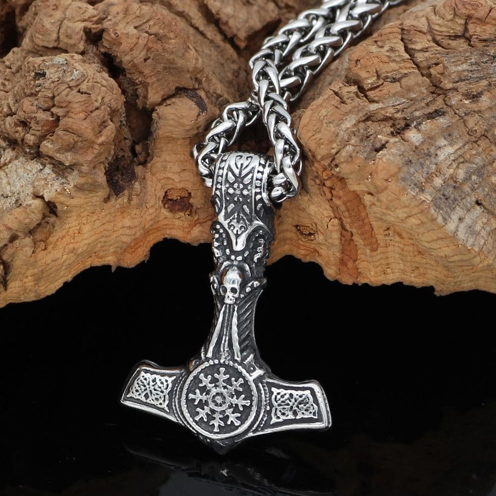 Vikings Skull Mjolnir Stainless Steel Necklace | Pendants & Necklaces | Wiccan Center