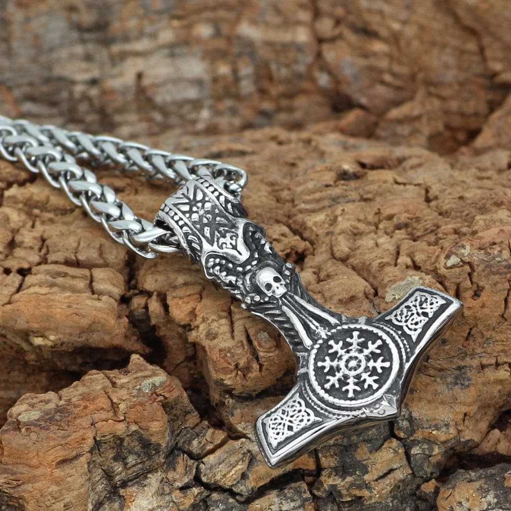 Vikings Skull Mjolnir Stainless Steel Necklace | Pendants & Necklaces | Wiccan Center