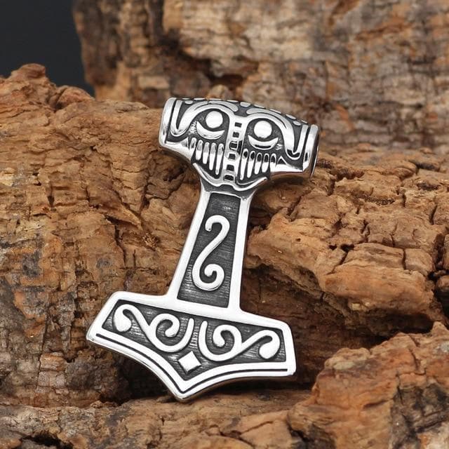 Vikings Thor Hammer Mjolnir Raven Head Stainless Steel Necklace | Pendants & Necklaces | Wiccan Center