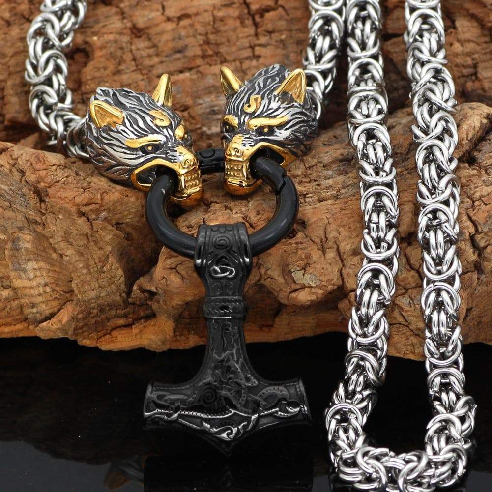 Vikings Wolf Head Mjolnir Stainless Steel Necklace | Pendants & Necklaces | Wiccan Center