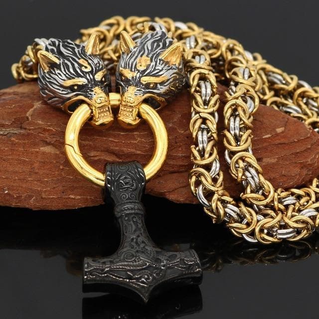Vikings Wolf Head Mjolnir Byzantine Chain with Stainless Steel Necklace | Pendants & Necklaces | Wiccan Center