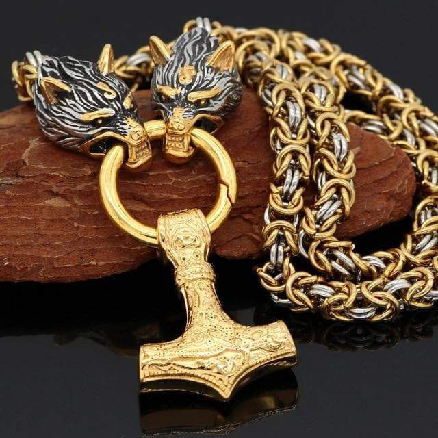 Vikings Wolf Head Mjolnir Byzantine Chain with Stainless Steel Necklace | Pendants & Necklaces | Wiccan Center