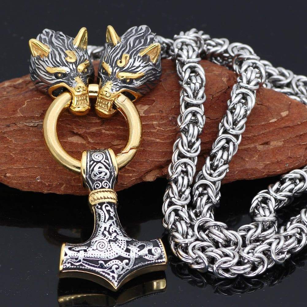 Vikings Wolf Head Mjolnir Stainless Steel Necklace | Pendants & Necklaces | Wiccan Center