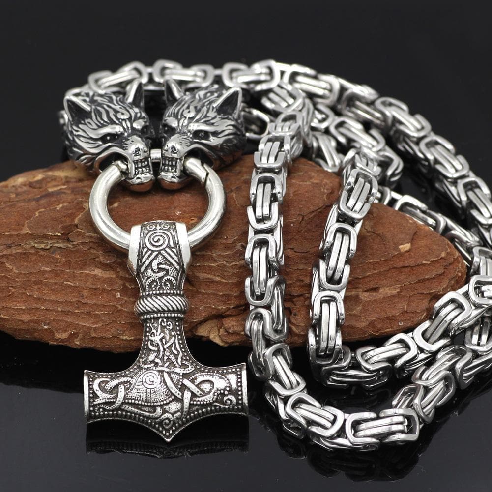 Vikings Wolf Mjolnir Stainless Steel King Chain Necklace | Pendants & Necklaces | Wiccan Center