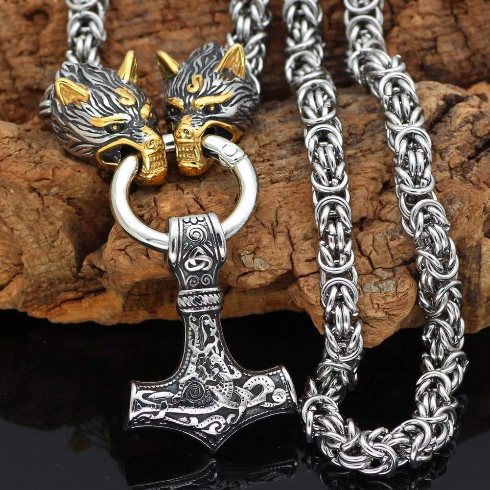 Vikings Wolf Head Mjolnir Stainless Steel Necklace | Pendants & Necklaces | Wiccan Center