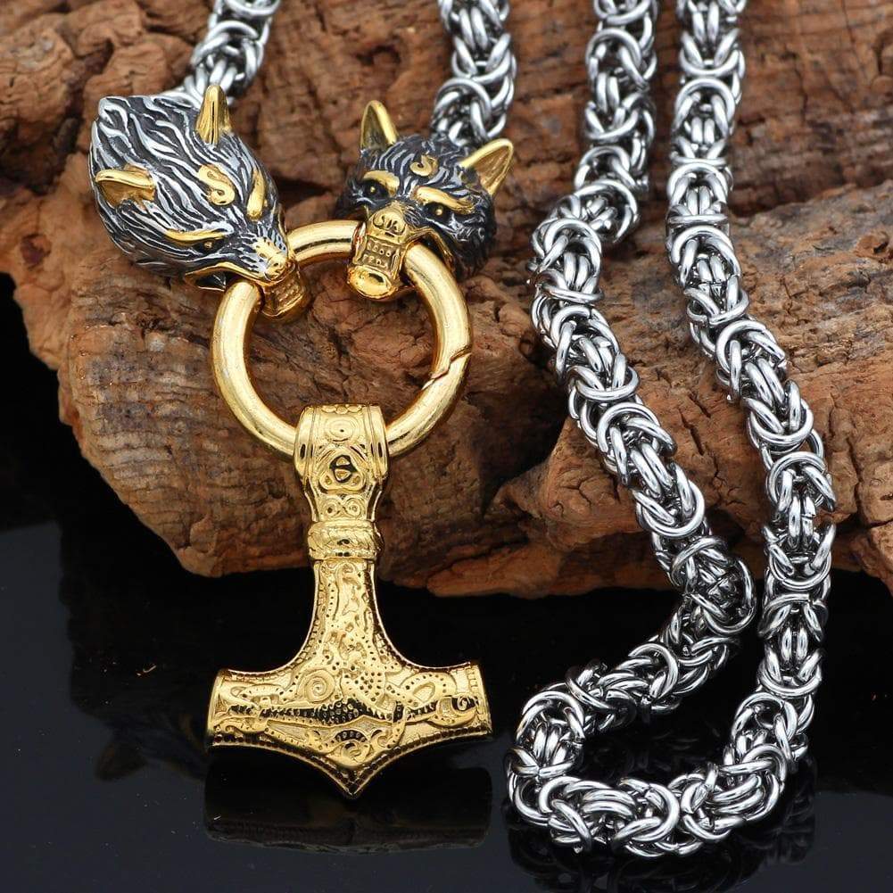 Vikings Wolf Head Mjolnir Stainless Steel Necklace | Pendants & Necklaces | Wiccan Center