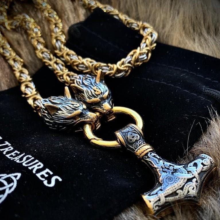 Vikings Wolf Head Mjolnir Byzantine Chain with Stainless Steel Necklace | Pendants & Necklaces | Wiccan Center