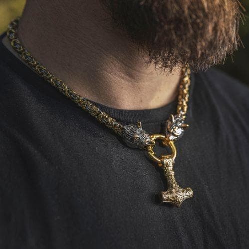 Vikings Wolf Head Mjolnir Byzantine Chain with Stainless Steel Necklace | Pendants & Necklaces | Wiccan Center