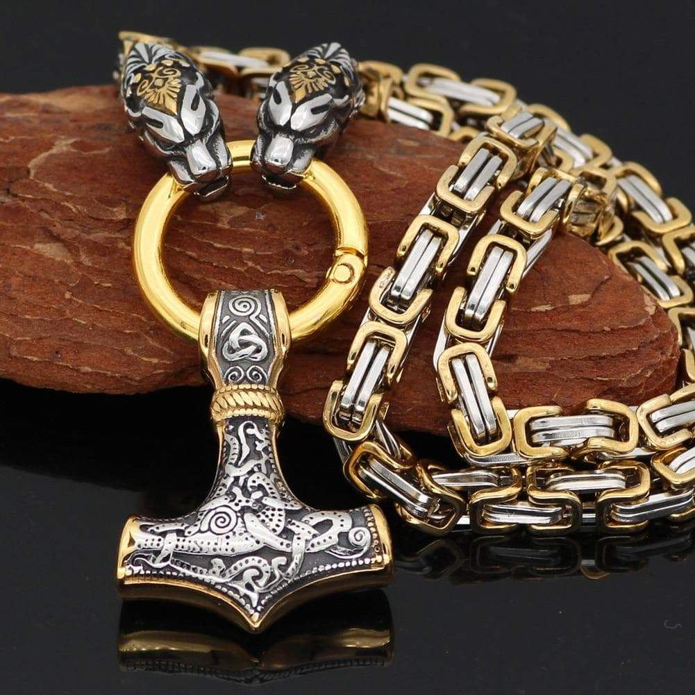Vikings Snake Mjolnir Stainless Steel King Chain Necklace | Pendants & Necklaces | Wiccan Center