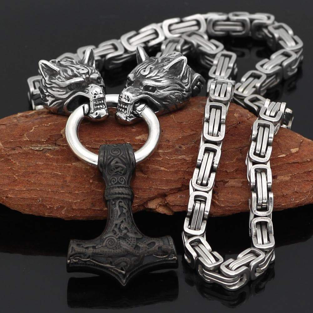 Vikings Wolf Mjolnir Stainless Steel King Chain Necklace | Pendants & Necklaces | Wiccan Center