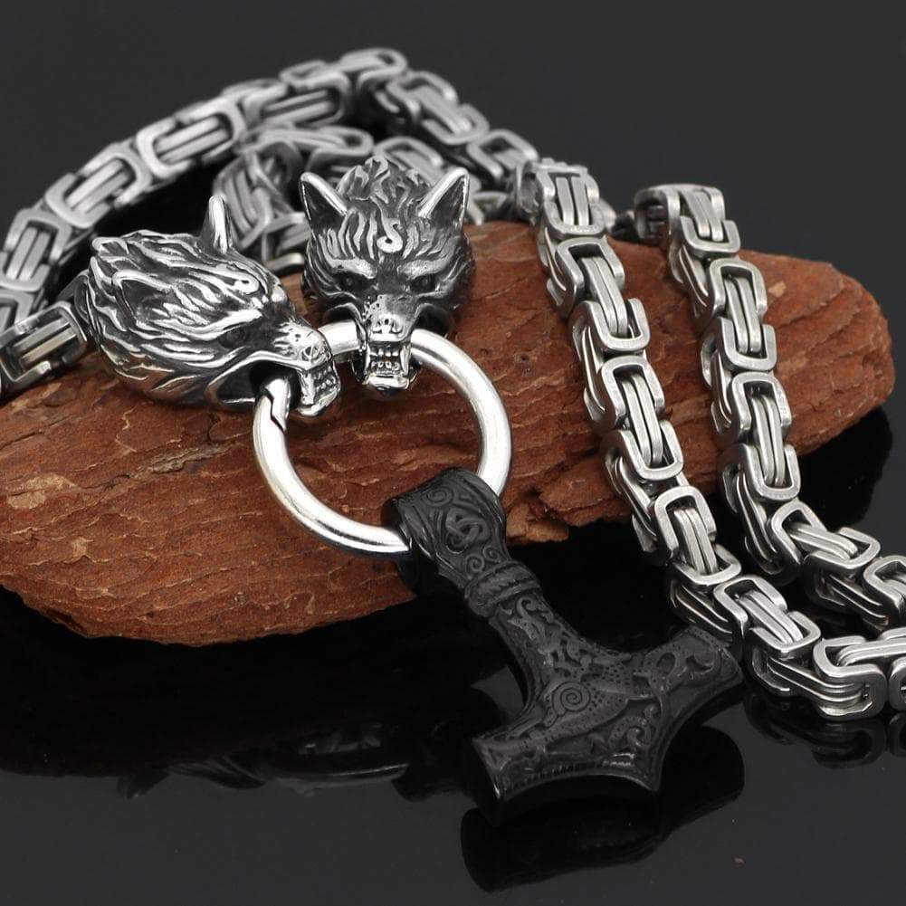 Vikings Wolf Mjolnir Stainless Steel King Chain Necklace | Pendants & Necklaces | Wiccan Center