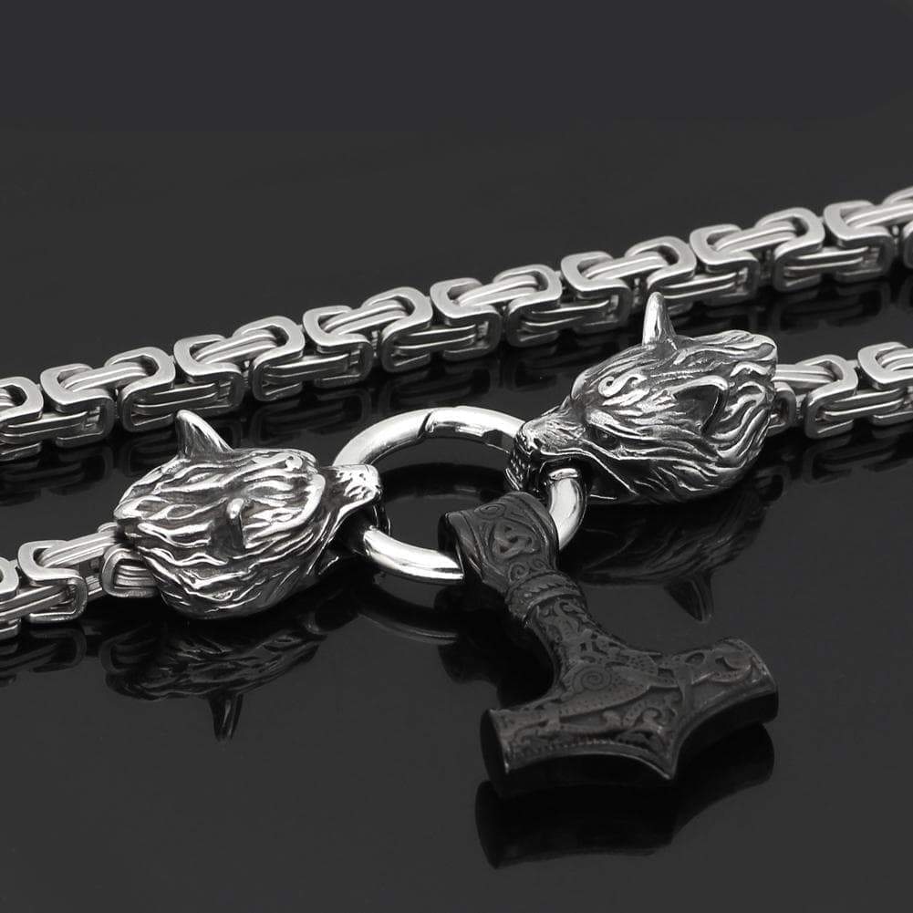 Vikings Wolf Mjolnir Stainless Steel King Chain Necklace | Pendants & Necklaces | Wiccan Center
