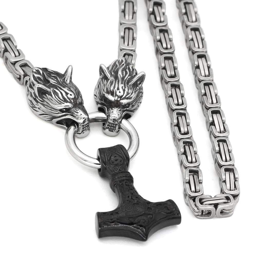 Vikings Wolf Mjolnir Stainless Steel King Chain Necklace | Pendants & Necklaces | Wiccan Center