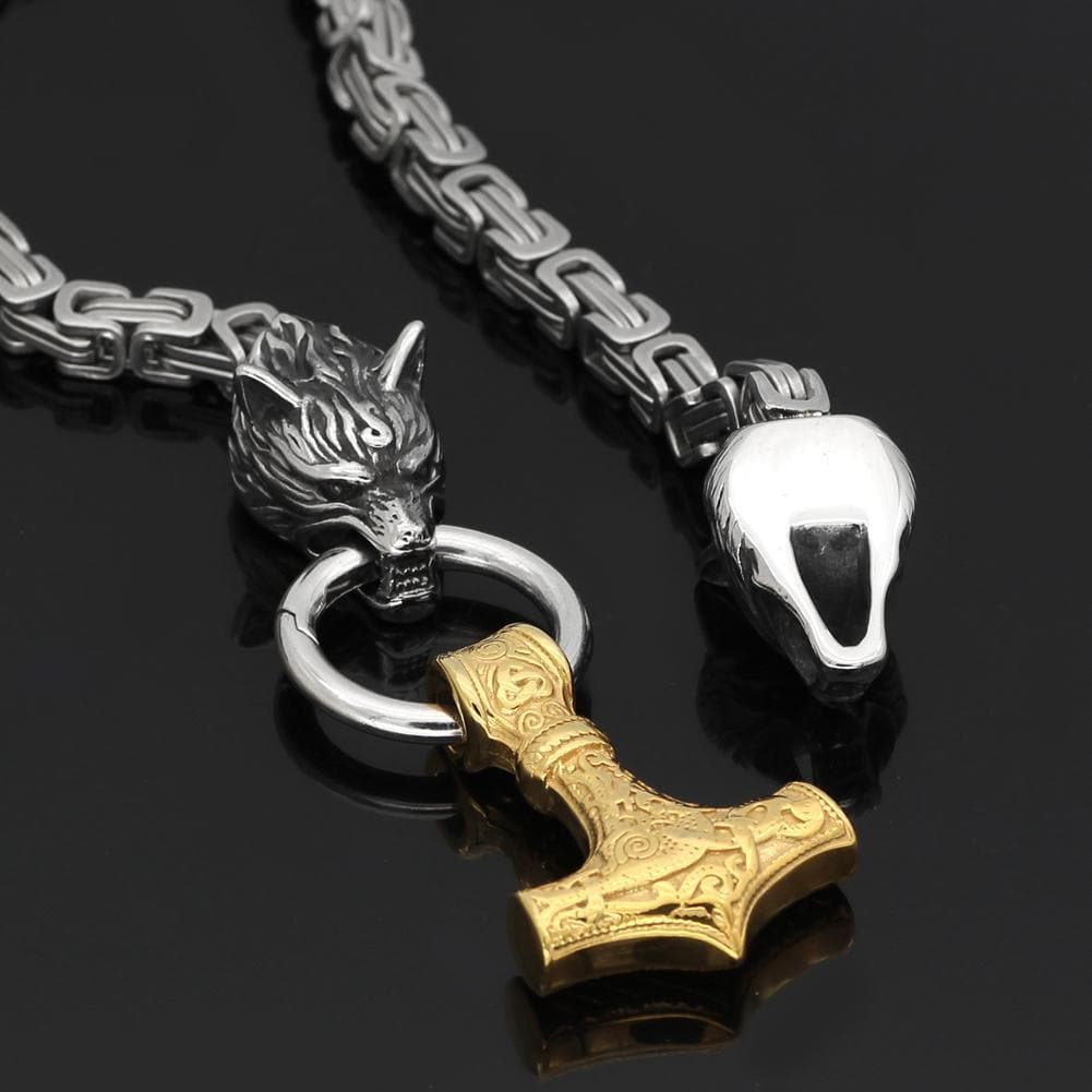 Vikings Wolf Mjolnir King Chain Stainless Steel Necklace | Pendants & Necklaces | Wiccan Center