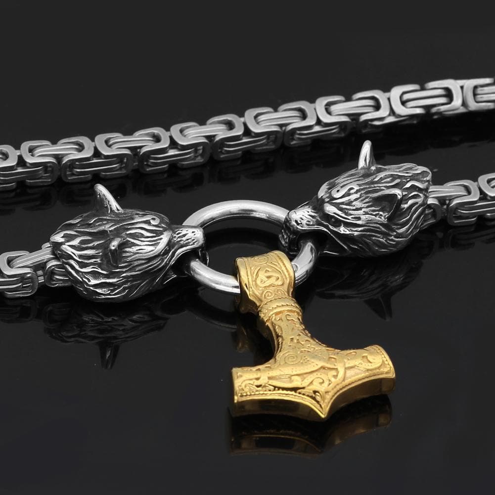 Vikings Wolf Mjolnir King Chain Stainless Steel Necklace | Pendants & Necklaces | Wiccan Center