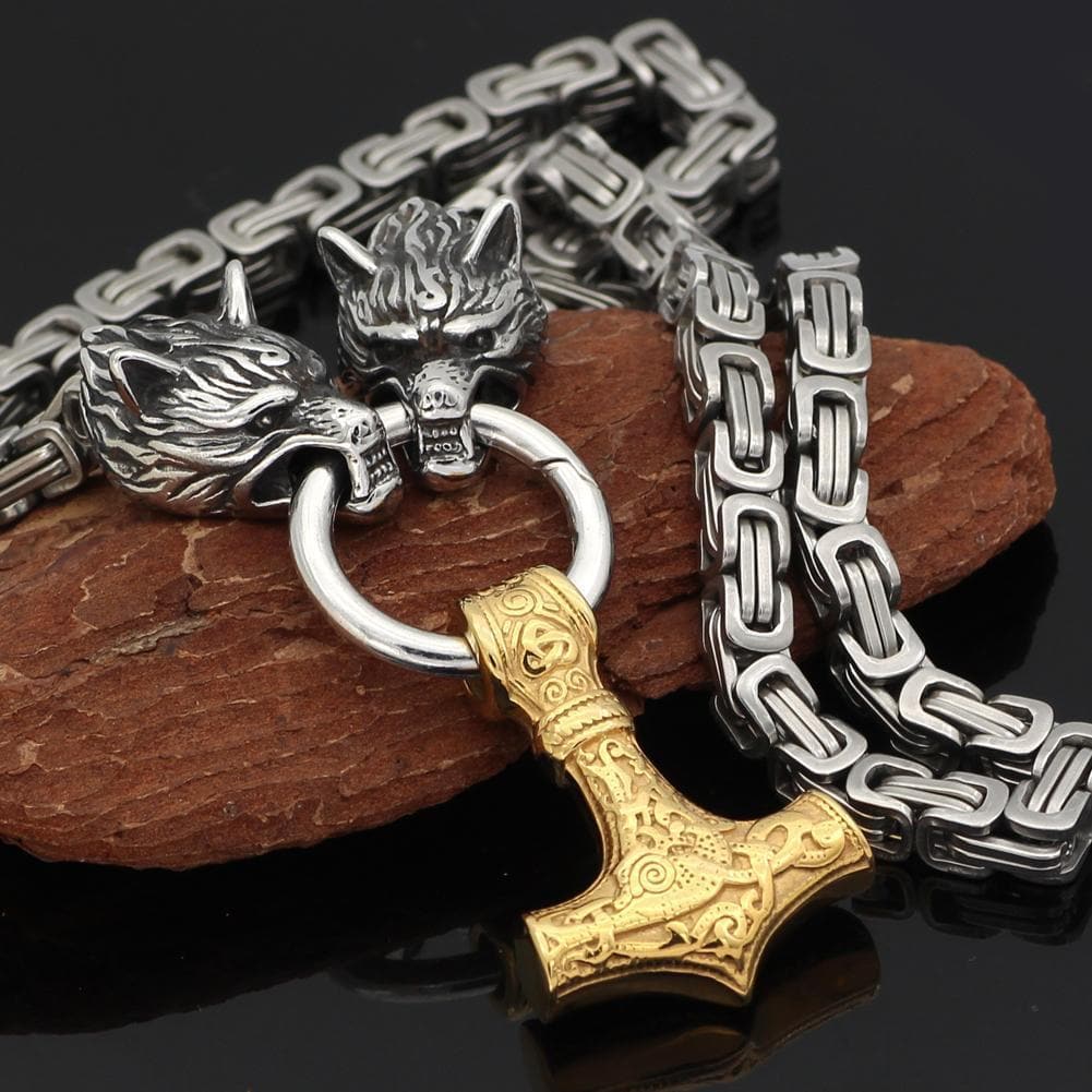 Vikings Wolf Mjolnir King Chain Stainless Steel Necklace | Pendants & Necklaces | Wiccan Center