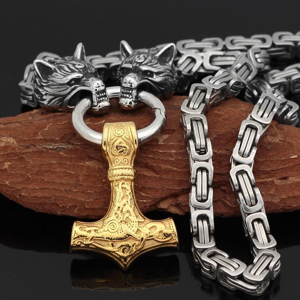 Vikings Wolf Mjolnir King Chain Stainless Steel Necklace | Pendants & Necklaces | Wiccan Center