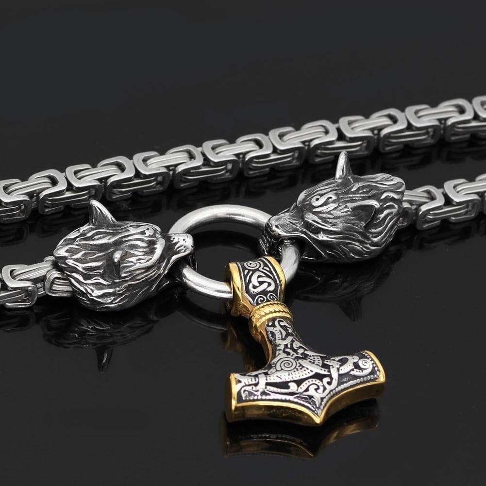 Vikings Wolf Mjolnir Stainless Steel King Chain Necklace | Pendants & Necklaces | Wiccan Center