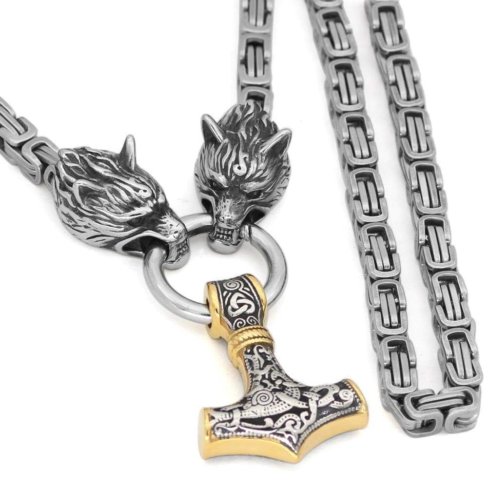 Vikings Wolf Mjolnir Stainless Steel King Chain Necklace | Pendants & Necklaces | Wiccan Center