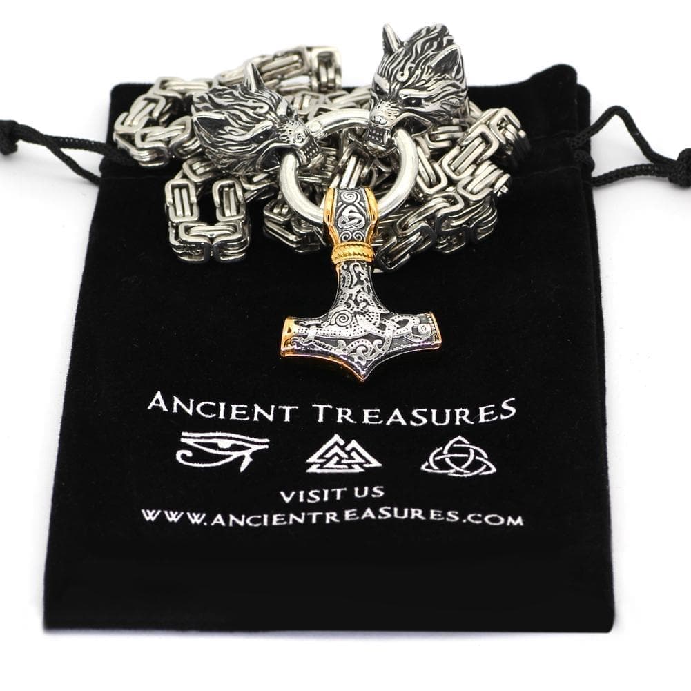 Vikings Wolf Mjolnir Stainless Steel King Chain Necklace | Pendants & Necklaces | Wiccan Center