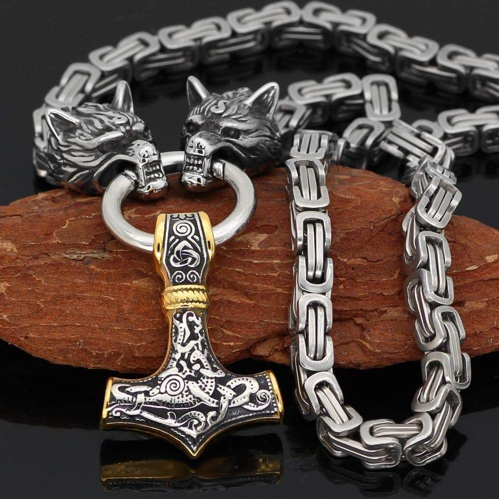 Vikings Wolf Mjolnir Stainless Steel King Chain Necklace | Pendants & Necklaces | Wiccan Center
