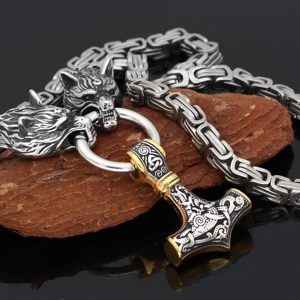 Vikings Wolf Mjolnir Stainless Steel King Chain Necklace | Pendants & Necklaces | Wiccan Center