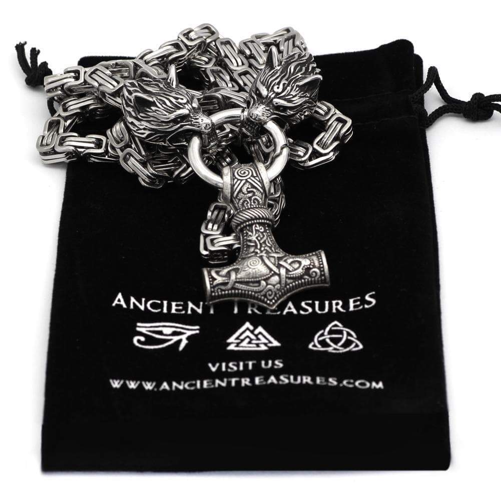 Vikings Wolf Mjolnir Stainless Steel King Chain Necklace | Pendants & Necklaces | Wiccan Center
