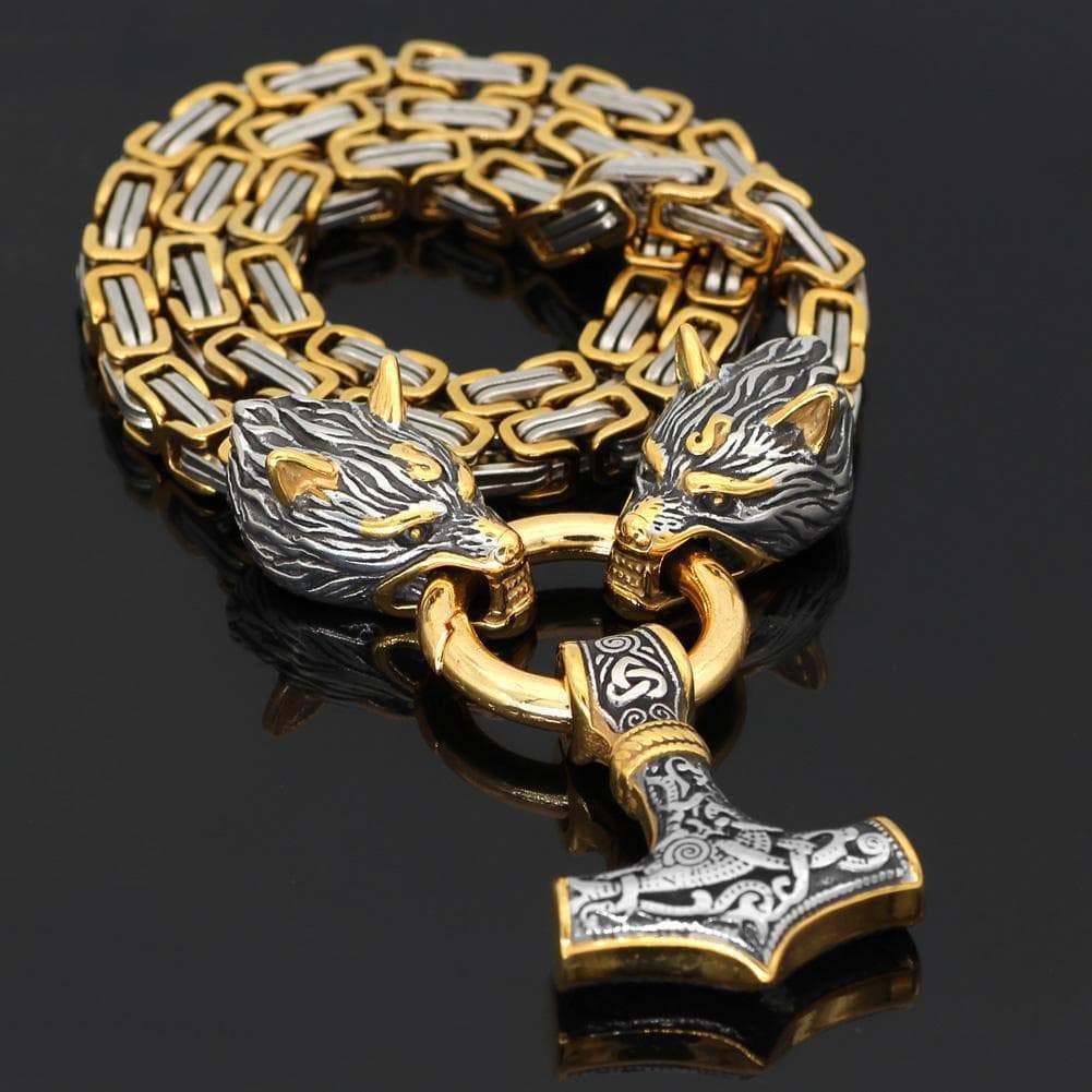 Vikings Wolf Mjolnir Stainless Steel King Chain Necklace | Pendants & Necklaces | Wiccan Center