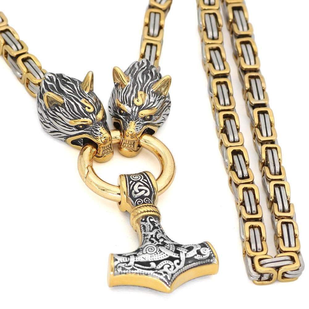 Vikings Wolf Mjolnir Stainless Steel King Chain Necklace | Pendants & Necklaces | Wiccan Center