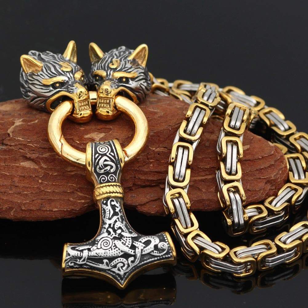 Vikings Wolf Mjolnir Stainless Steel King Chain Necklace | Pendants & Necklaces | Wiccan Center