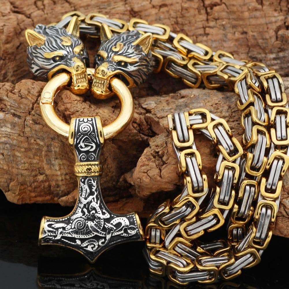 Vikings Wolf Mjolnir Stainless Steel King Chain Necklace | Pendants & Necklaces | Wiccan Center