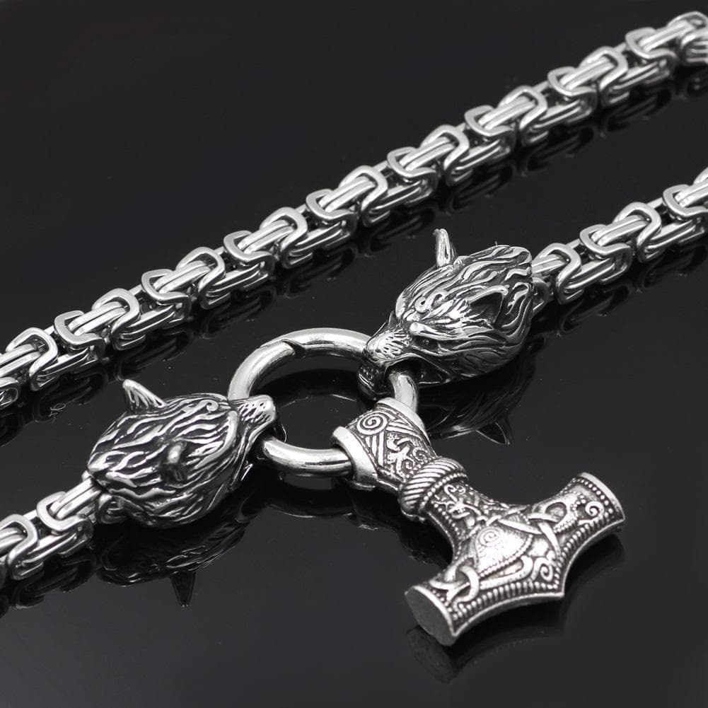 Vikings Wolf Mjolnir Stainless Steel King Chain Necklace | Pendants & Necklaces | Wiccan Center