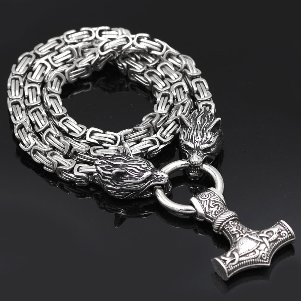 Vikings Wolf Mjolnir Stainless Steel King Chain Necklace | Pendants & Necklaces | Wiccan Center