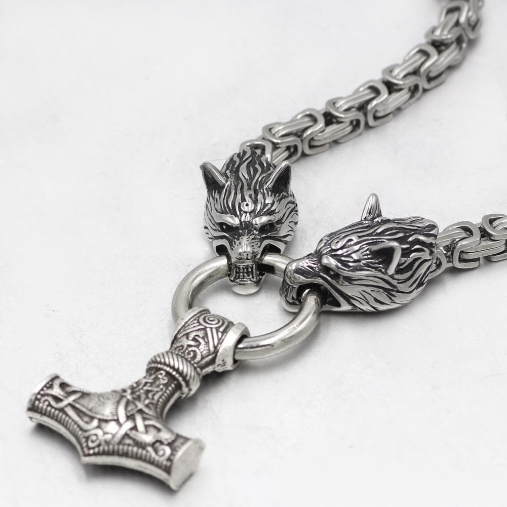 Vikings Wolf Mjolnir Stainless Steel King Chain Necklace | Pendants & Necklaces | Wiccan Center