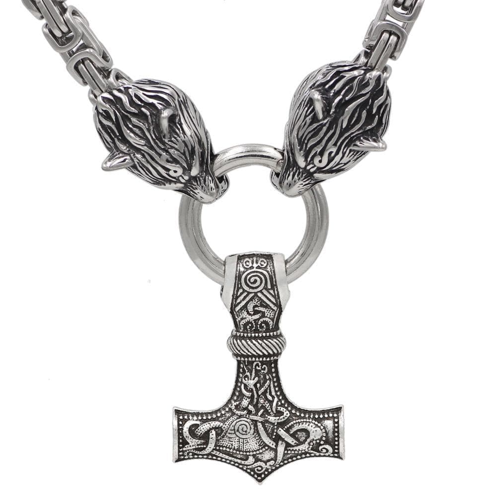 Vikings Wolf Mjolnir Stainless Steel King Chain Necklace | Pendants & Necklaces | Wiccan Center