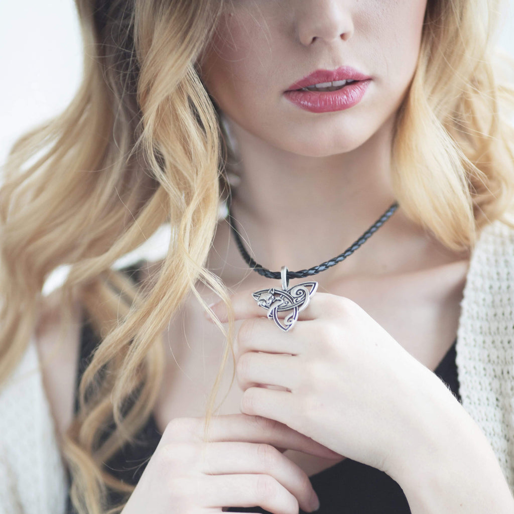 Ancient Treasures' Celtic Cat on Triquetra Stainless Steel Necklace | Pendants & Necklaces | Wiccan Center