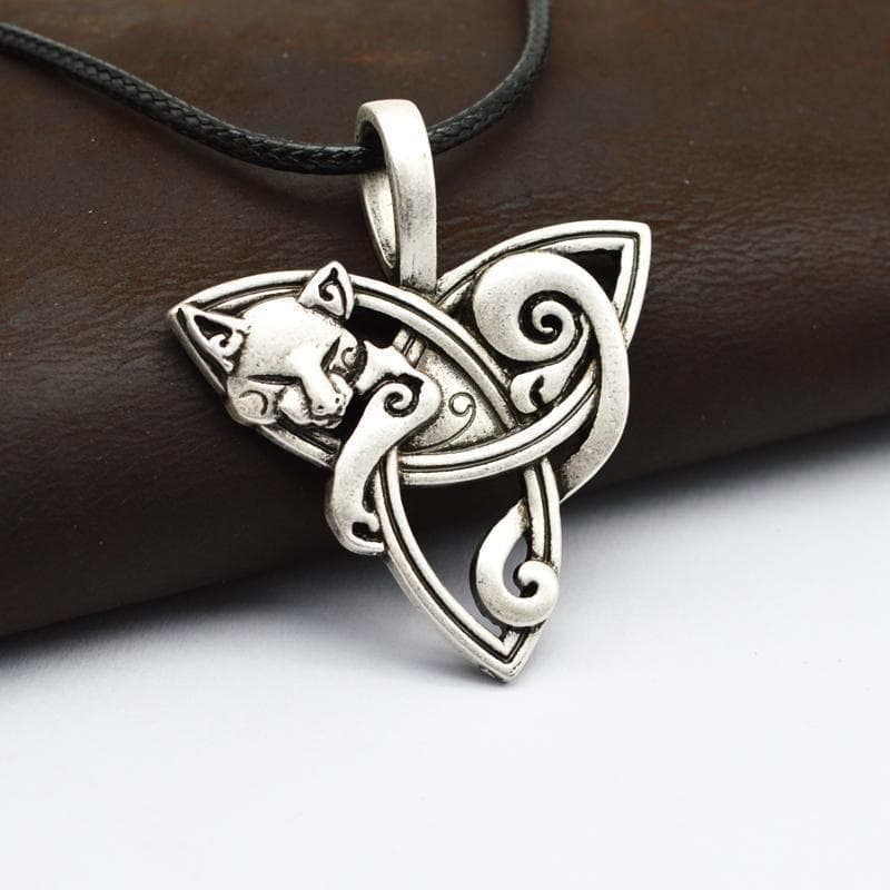 Ancient Treasures' Celtic Cat on Triquetra Stainless Steel Necklace | Pendants & Necklaces | Wiccan Center