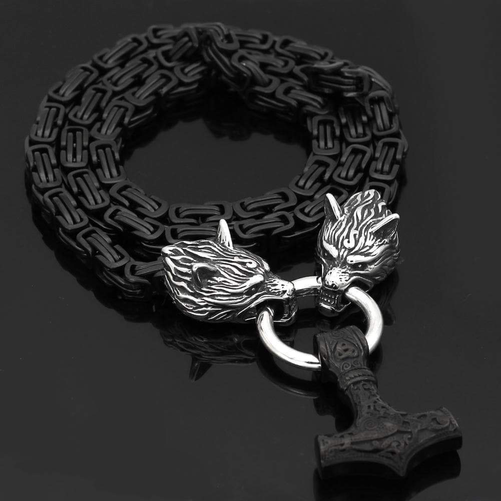 Vikings Wolf Head Mjolnir King Chain Stainless Steel Necklace | Pendants & Necklaces | Wiccan Center