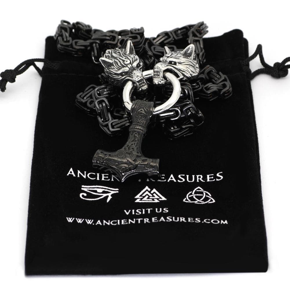 Vikings Wolf Head Mjolnir King Chain Stainless Steel Necklace | Pendants & Necklaces | Wiccan Center